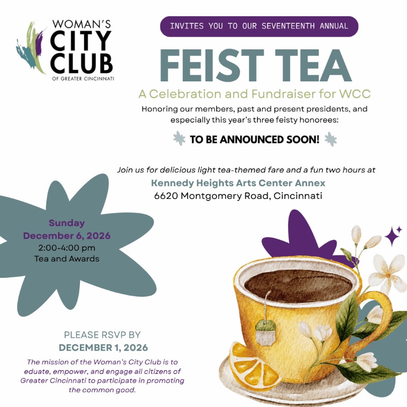 An invitation for the seventeenth annual Feist Tea features a cup of tea and an orange slice in the foreground against a white background with event details and a club logo.