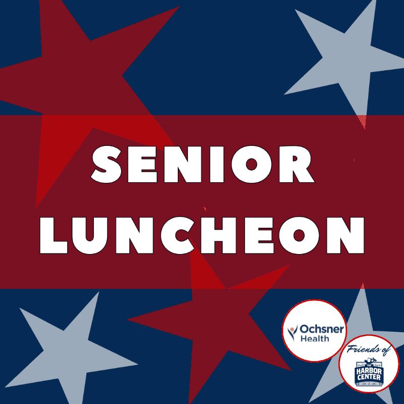 Red and white stars are scattered across a blue background, with the words "SENIOR LUNCHEON" prominently displayed in white text.