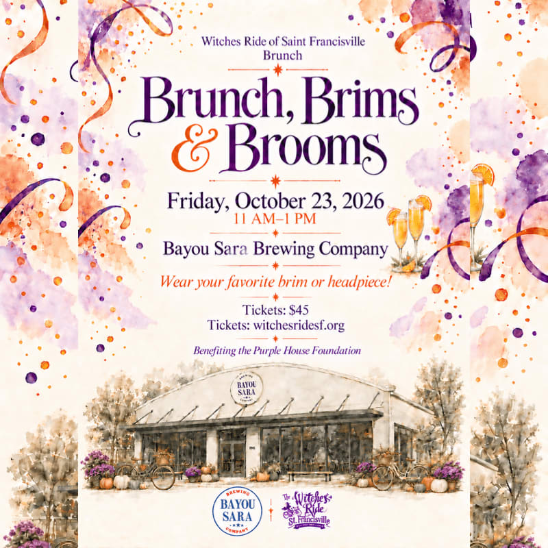An event flyer for "Brunch, Brims & Brooms" features purple and orange text and mimosas in the foreground, set against a watercolor background with a sketch of the Bayou Sara Brewing Company.