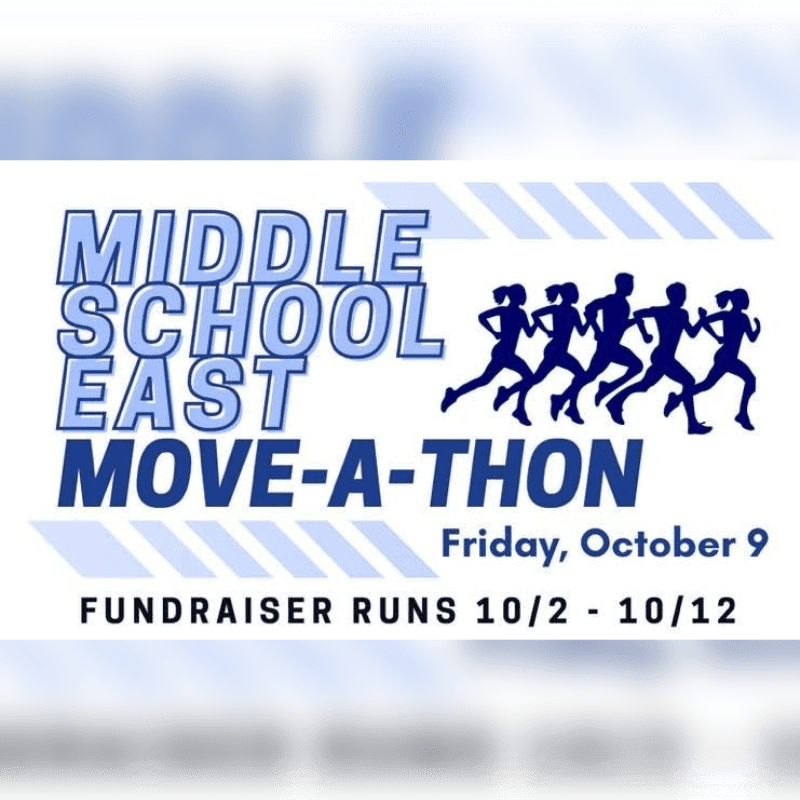 Blue and white text announcing a "Middle School East Move-A-Thon" on October 9 is set against a white background with silhouettes of runners and light blue blurred accents.