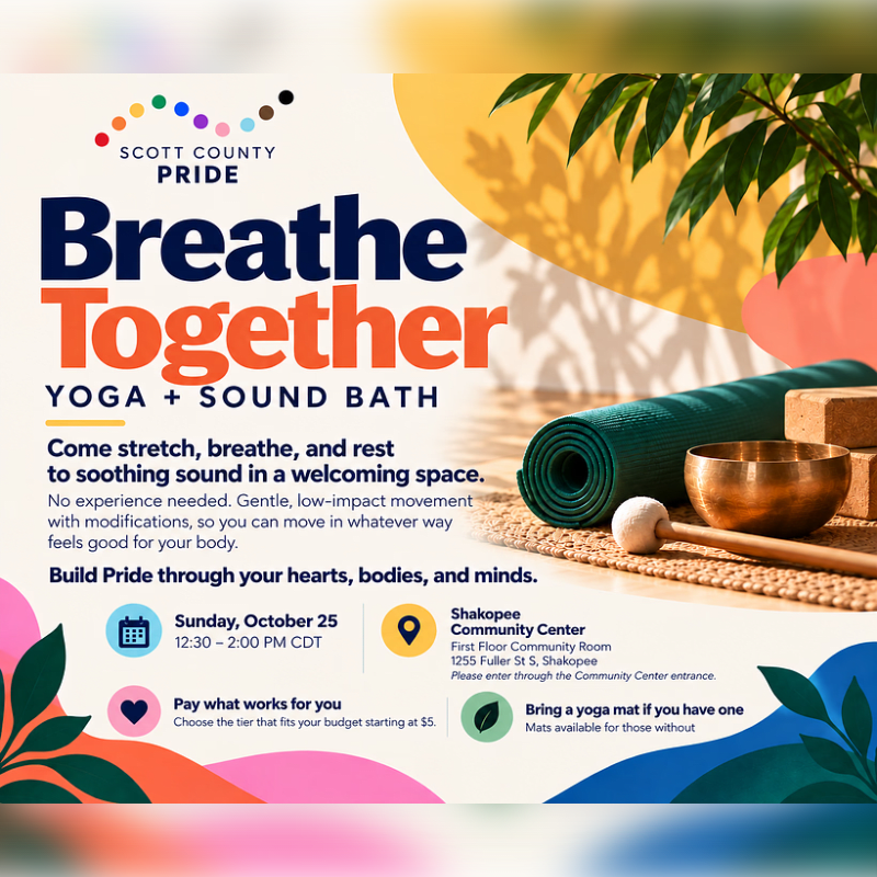 A promotional flyer for a "Breathe Together" yoga and sound bath event features event details in the foreground against a background of a rolled yoga mat, a singing bowl, and green foliage.