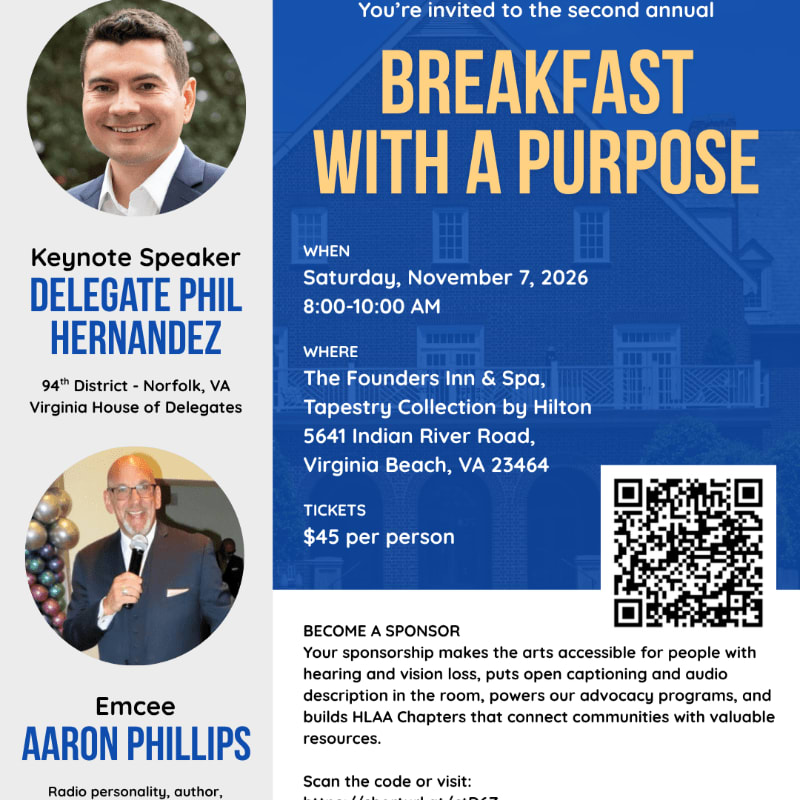 An event flyer for "Breakfast With a Purpose" features portraits of Delegate Phil Hernandez and Aaron Phillips on a white left panel, set against a blue background with event details and a QR code on the right.