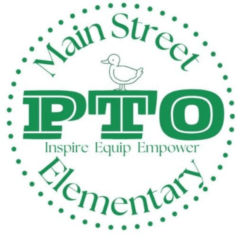 A white duck stands atop the green letters "PTO" which are surrounded by the words "Main Street Elementary" in a dotted green circle.