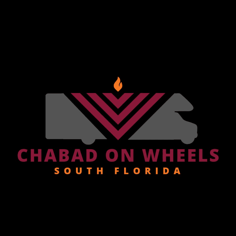 A logo featuring a grey vehicle silhouette with a red V-shaped design and a flame on top, with the text "CHABAD ON WHEELS SOUTH FLORIDA" below, all set against a solid black background.