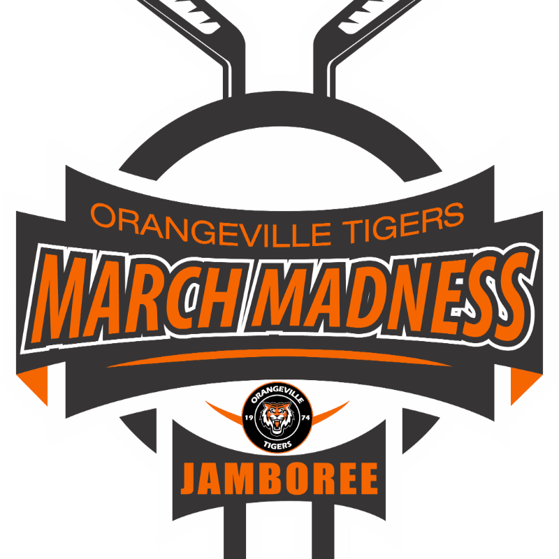 Orange and white text reading "Orangeville Tigers March Madness Jamboree" is centered in the foreground against a white background featuring grey graphic elements and a tiger logo.