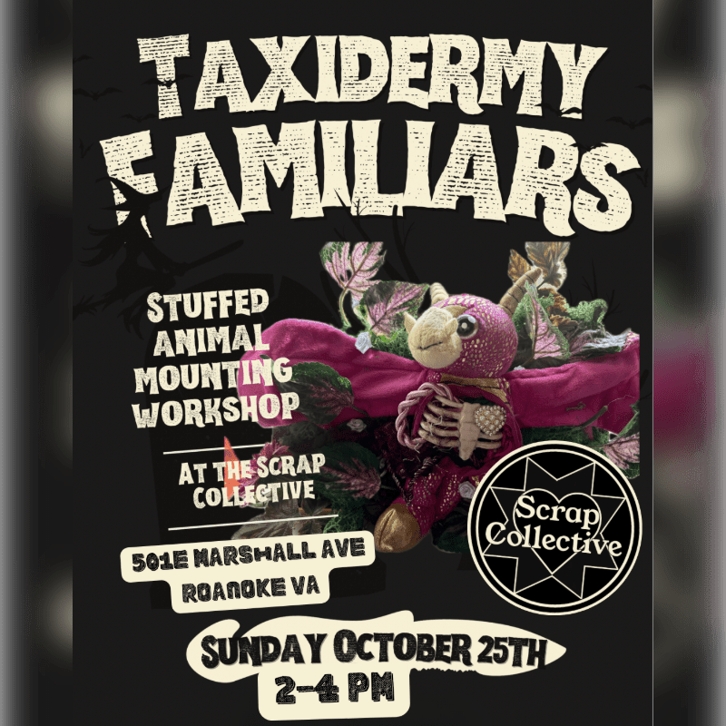 A stuffed animal wearing a purple cape and skeletal ribs sits amidst foliage against a dark background with event text.