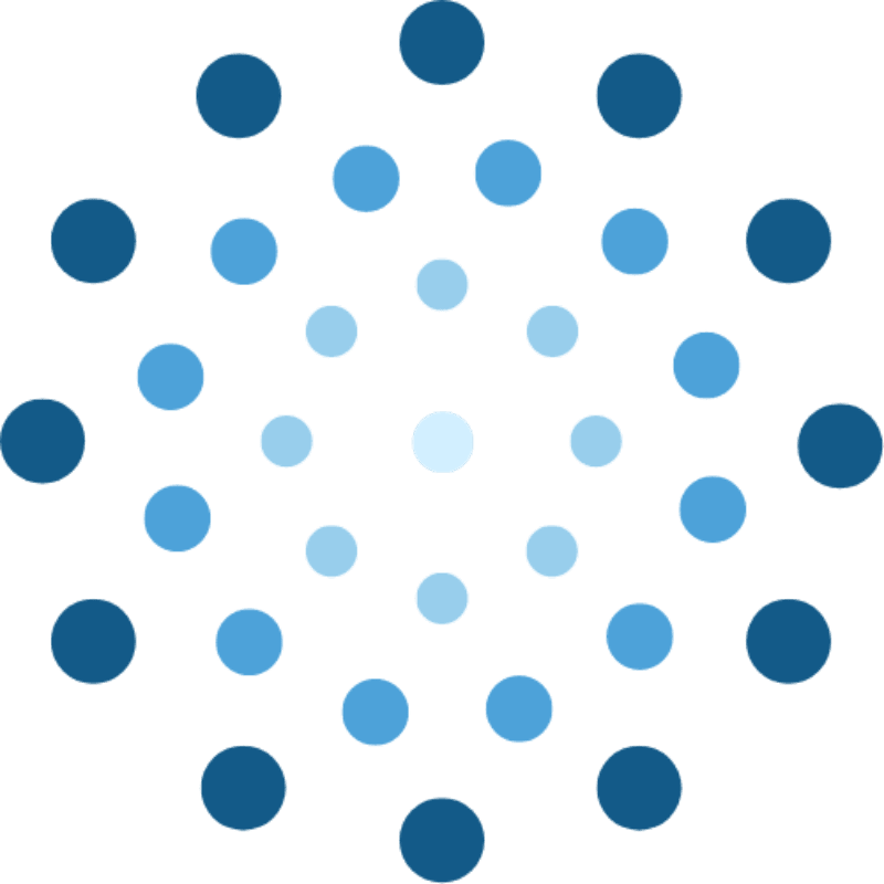 A circular arrangement of blue dots in varying shades of intensity is centered against a plain white background.