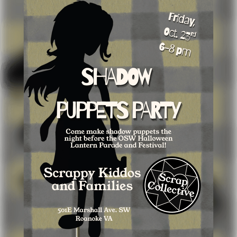 A black silhouette of a girl stands in the foreground of a flyer with text, set against a muted yellow and grey checkered background.