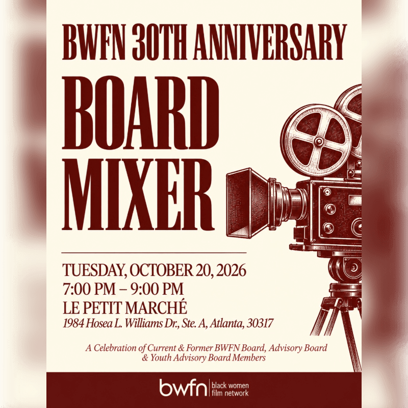 Bold red text announcing the BWFN 30th Anniversary Board Mixer sits in the foreground alongside a vintage movie camera illustration against a plain white background.