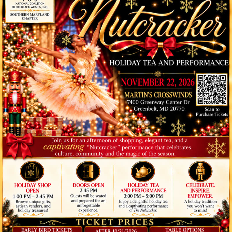 A ballerina in a gold tutu and a nutcracker doll stand in the foreground against a festive background featuring a large "Nutcracker" title and event details.