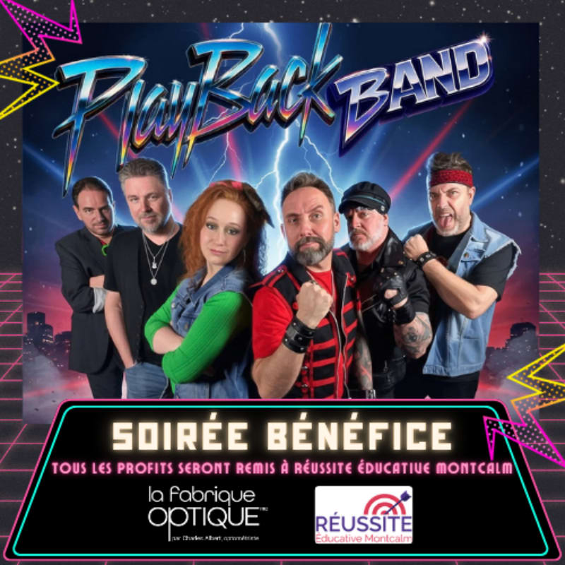 Six band members pose in the foreground against a cosmic background with lightning and a city skyline, above a promotional banner for a benefit evening.