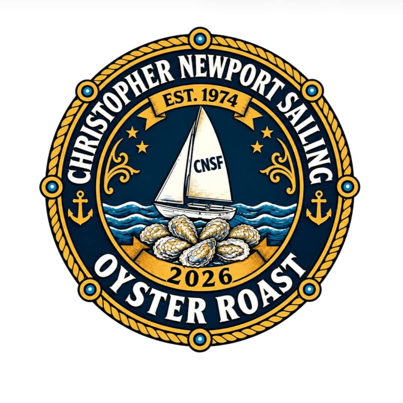 A pile of oysters sits in the foreground of a circular logo featuring a sailboat on the ocean against a dark blue background.