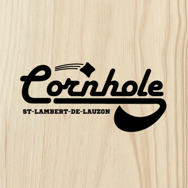 A black "Cornhole" logo with "ST-LAMBERT-DE-LAUZON" underneath is centered on a light wood grain background.