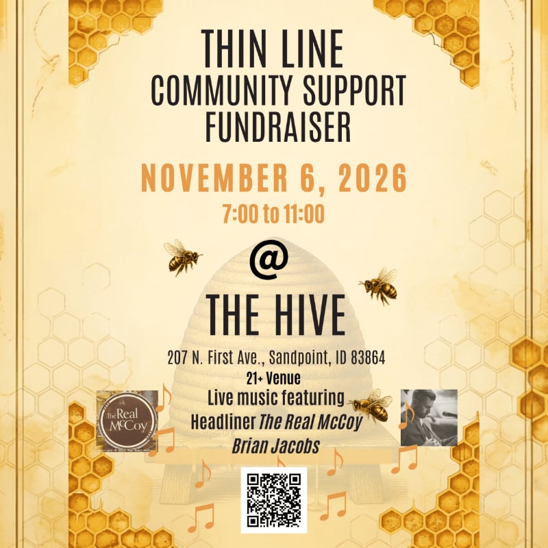 Text detailing a fundraiser event on November 6, 2026, at The Hive is centered over a background of golden honeycomb patterns and bees.