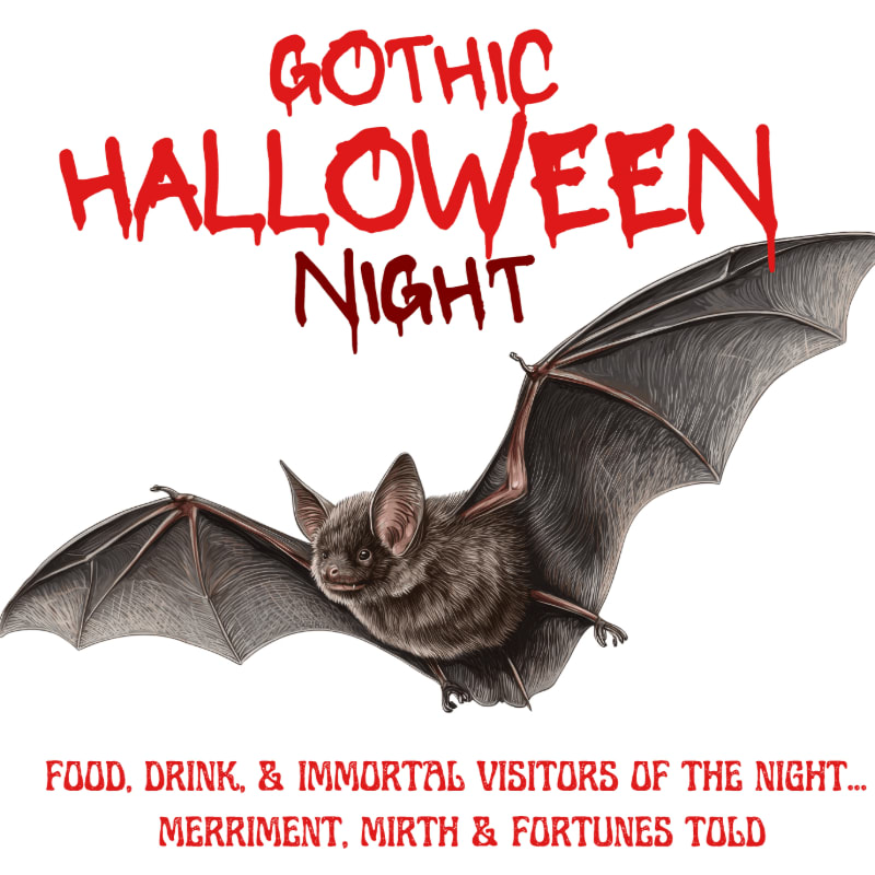 A brown bat with outstretched wings flies in the foreground against a white background featuring red gothic text.