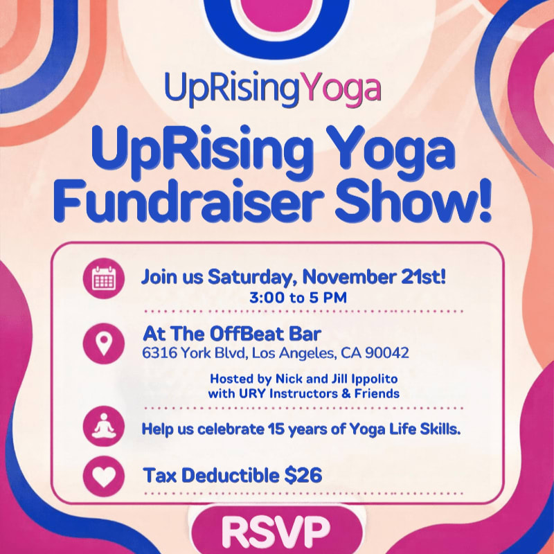 A promotional flyer for the UpRising Yoga Fundraiser Show features event details in a white central box against a colorful, abstract background of swirling pink, blue, and orange shapes.