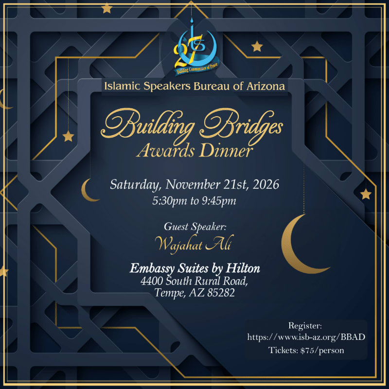 An invitation for the "Building Bridges Awards Dinner" is centered in the foreground against a dark blue background featuring intricate geometric patterns and gold accents.