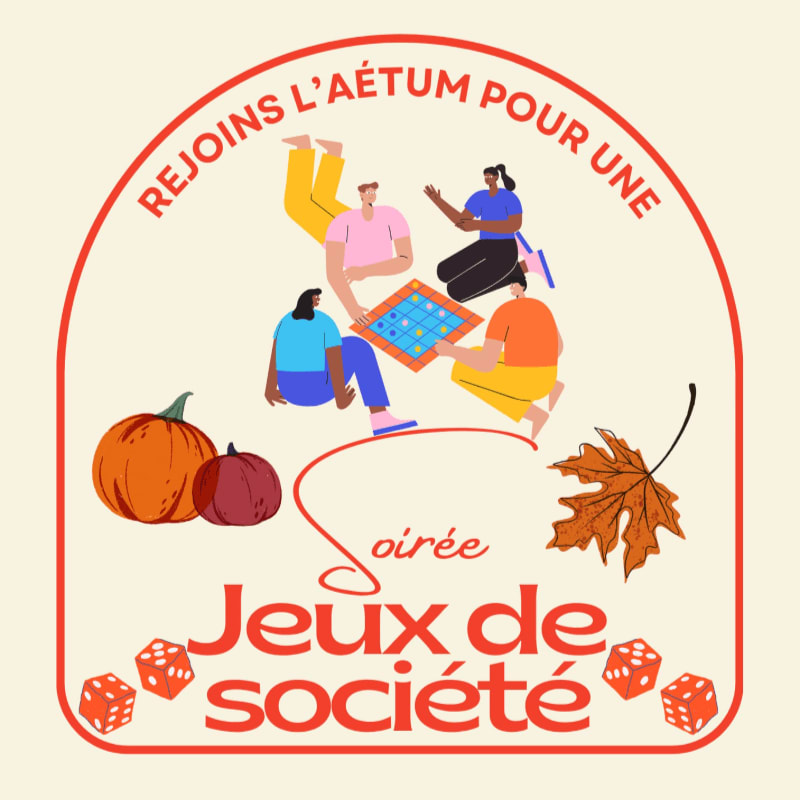 Four people play a board game in the center, surrounded by autumn leaves and pumpkins in the foreground against a light beige background with red text.