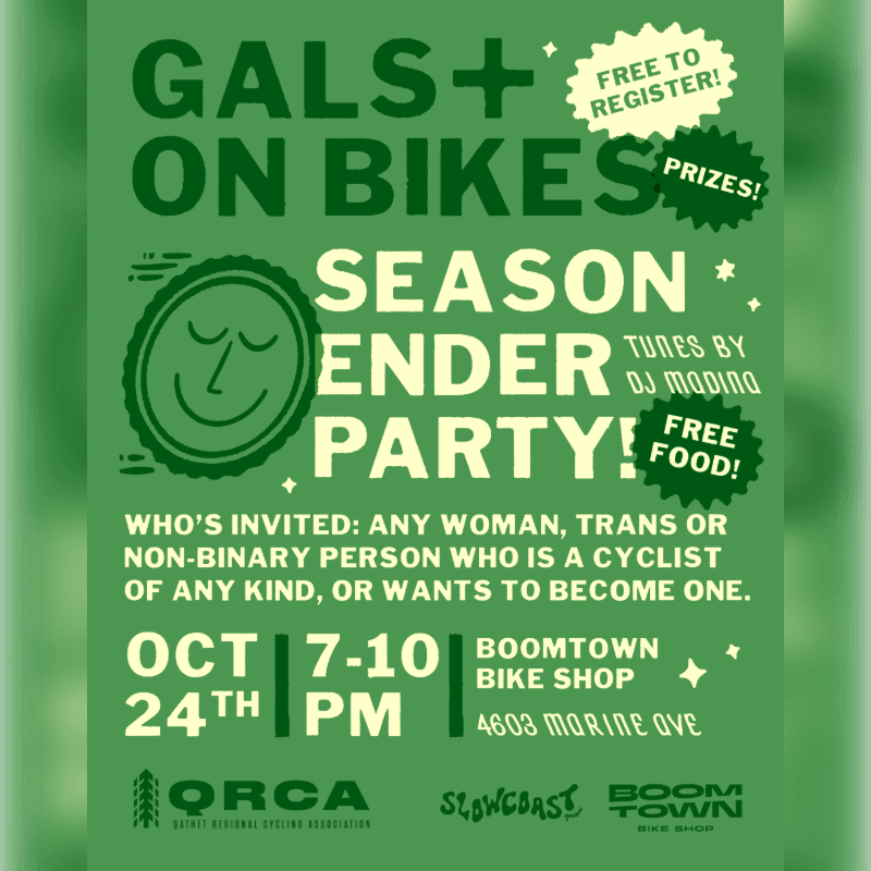 A green promotional flyer for a "Gals + On Bikes Season Ender Party" features bold white and dark green text and graphics against a gradient green background.