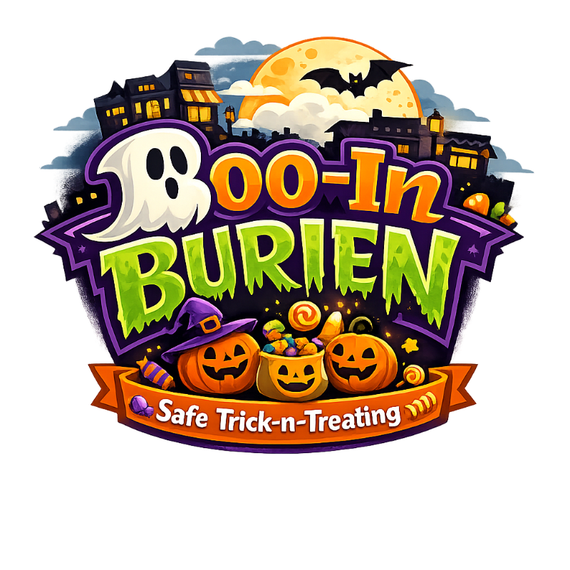 A colorful Halloween logo featuring pumpkins and candy in the foreground against a backdrop of a spooky town silhouette and a large yellow moon.