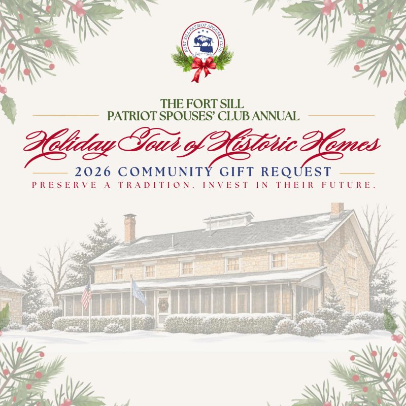 A snowy historic home sits in the foreground beneath festive holiday text and a club logo, all framed by pine branches in the background.