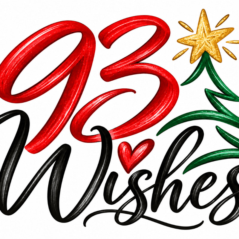 Large red numbers "93" and black cursive text "Wishes" with a red heart are set against a white background featuring a stylized green Christmas tree topped with a gold star.