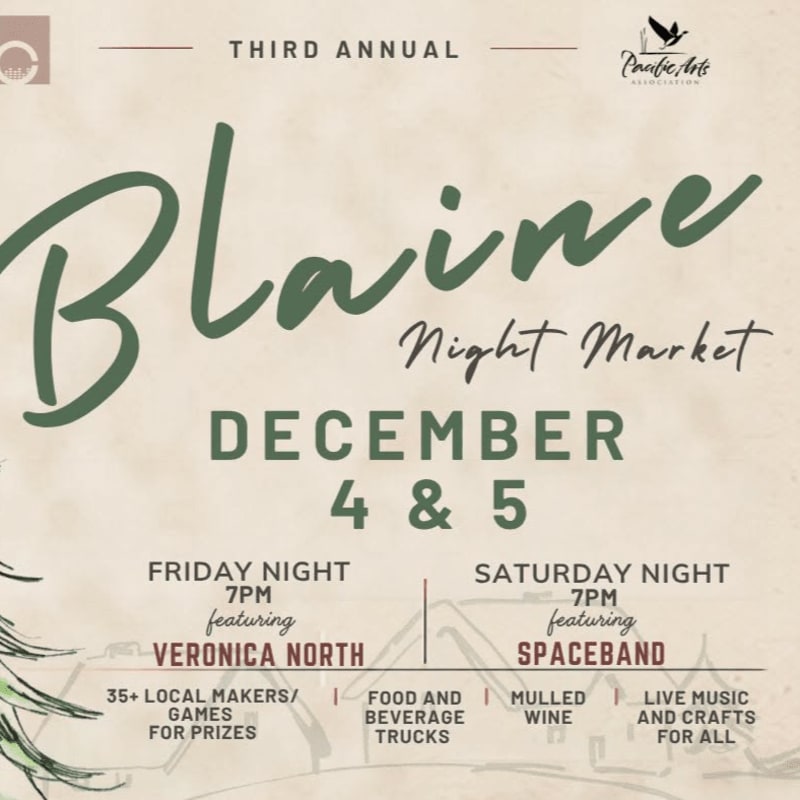 Green and black text announcing the Third Annual Blaine Night Market on December 4 & 5 is set against a light beige, textured parchment background.