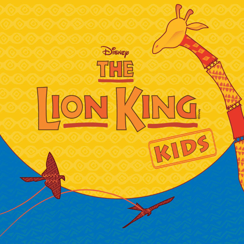The words "The Lion King Kids" and a giraffe's neck are set against a large yellow sun and a blue patterned background with two birds flying below.
