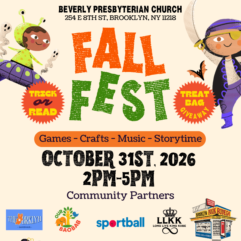 Colorful text announcing a "Fall Fest" event is centered in the foreground, surrounded by illustrated children in costumes and community partner logos against a plain light background.