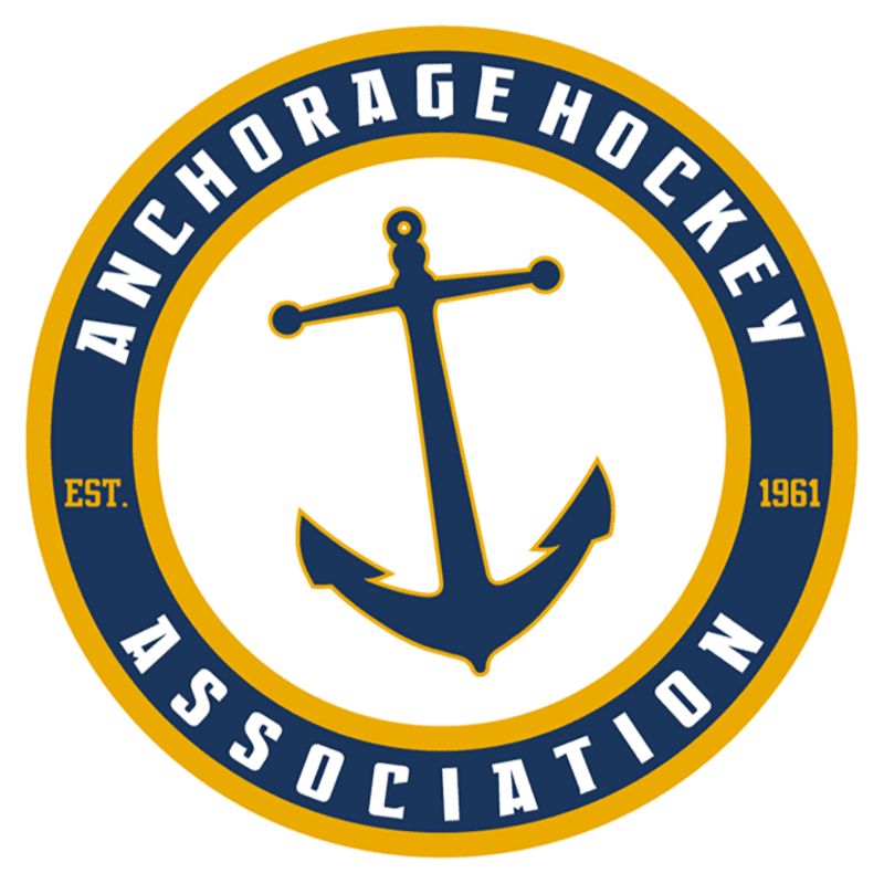 A dark blue anchor is centered within a yellow and blue circular logo that reads "ANCHORAGE HOCKEY ASSOCIATION EST. 1961" against a white background.