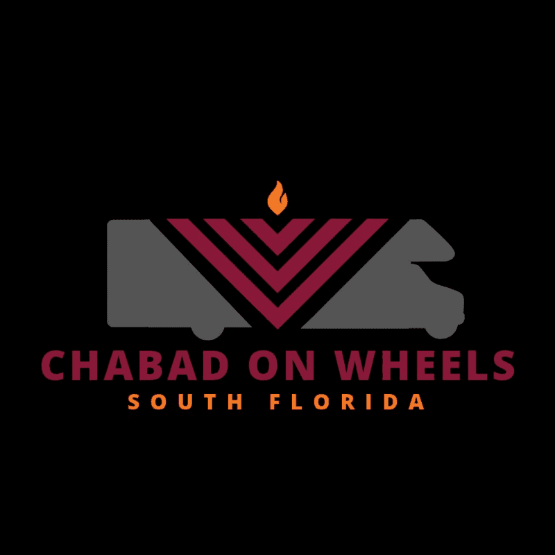 A logo featuring a grey vehicle silhouette with a red V-shaped design and a flame on top, with the text "CHABAD ON WHEELS SOUTH FLORIDA" below, all set against a solid black background.
