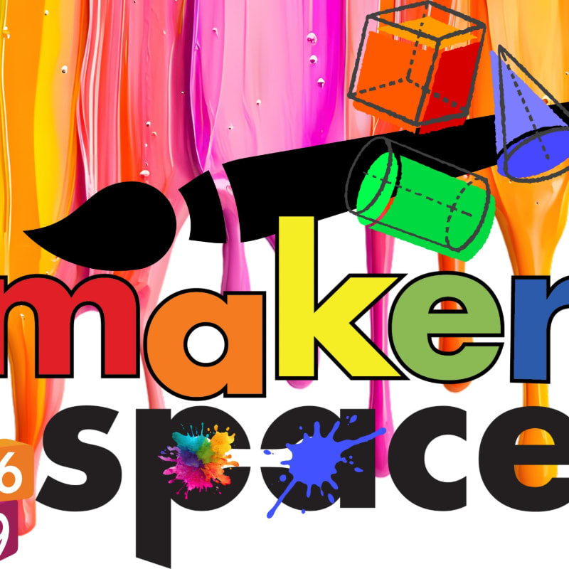 Colorful "maker space" text and geometric shapes sit in the foreground against a background of dripping, vibrant paint.