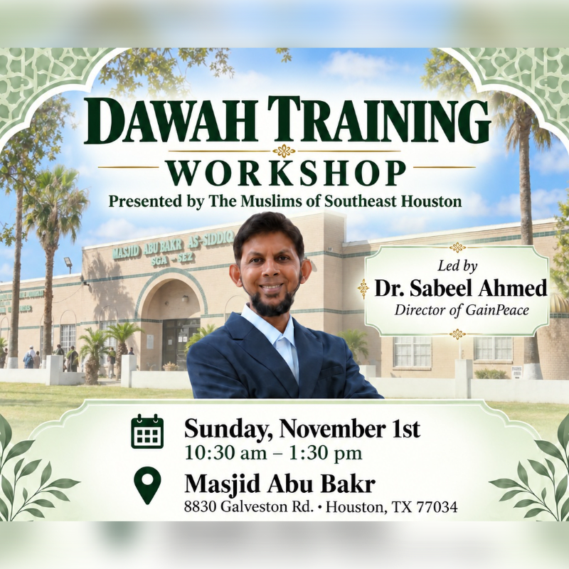 A man in a suit stands in the foreground of a promotional flyer for a Dawah Training Workshop, with a mosque and palm trees in the background.