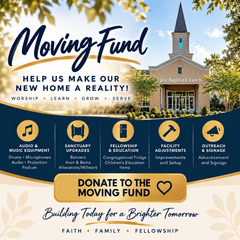 A fundraising flyer for a church moving fund features a building in the background and detailed donation categories in the foreground.