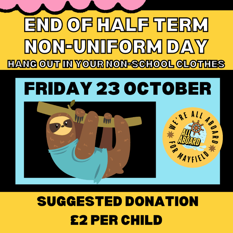 A cartoon sloth hanging from a branch and a circular logo are centered against a light blue background, framed by yellow sections containing text about a non-uniform day.