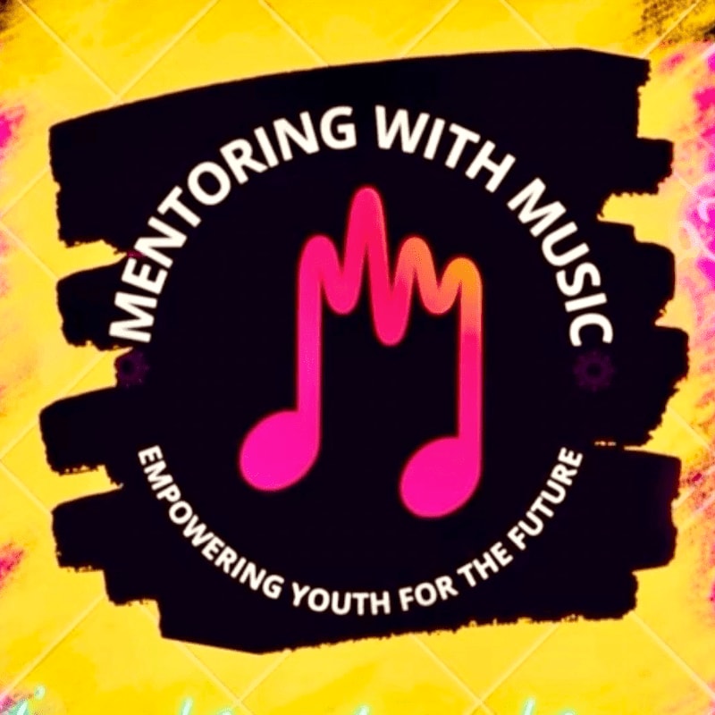 A vibrant logo with a pink musical note in the foreground is set against a bright yellow and pink abstract background.
