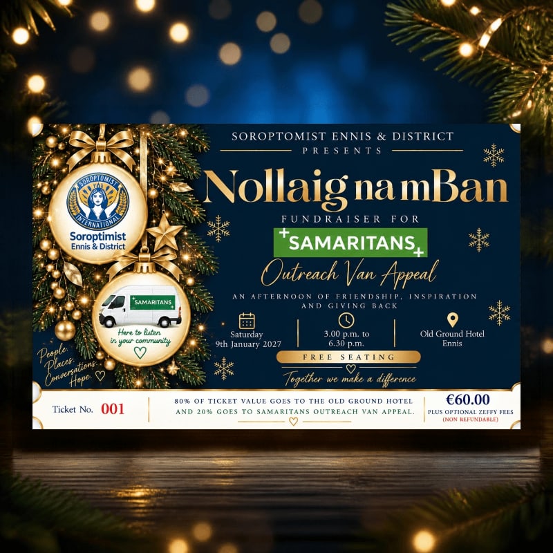A promotional flyer for a fundraiser event is centered in the foreground against a blurred background of dark blue tones and golden bokeh lights.