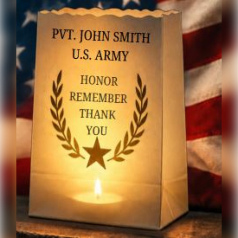 A glowing paper lantern dedicated to Pvt. John Smith of the U.S. Army stands in the foreground against a blurred American flag background.