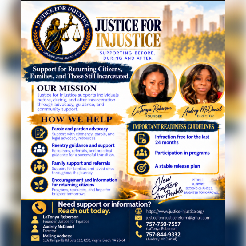 A promotional flyer for "Justice for Injustice" features organizational details and photos of its leaders in the foreground, set against a background of a city skyline and yellow autumn trees.
