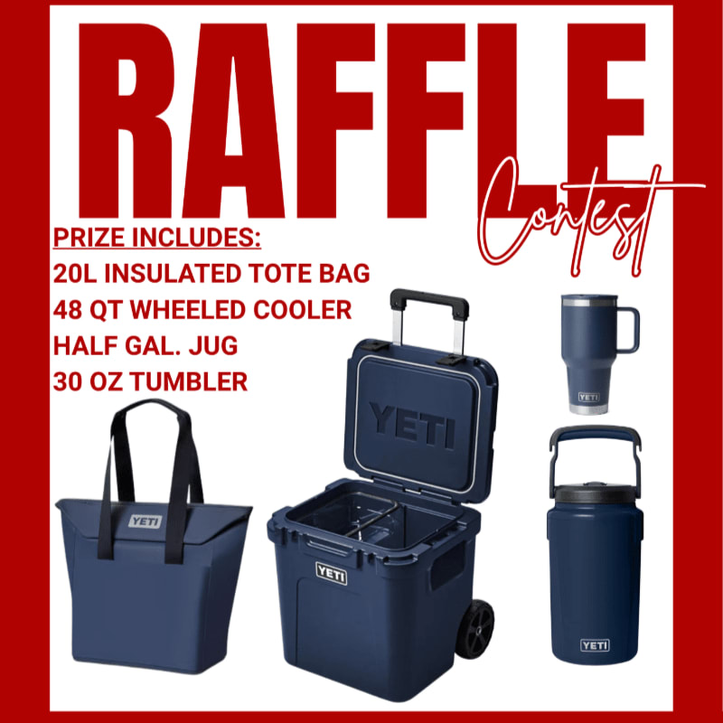 A collection of navy blue Yeti gear, including a tote bag, wheeled cooler, jug, and tumbler, is displayed in the foreground against a white background with large red "RAFFLE" text.
