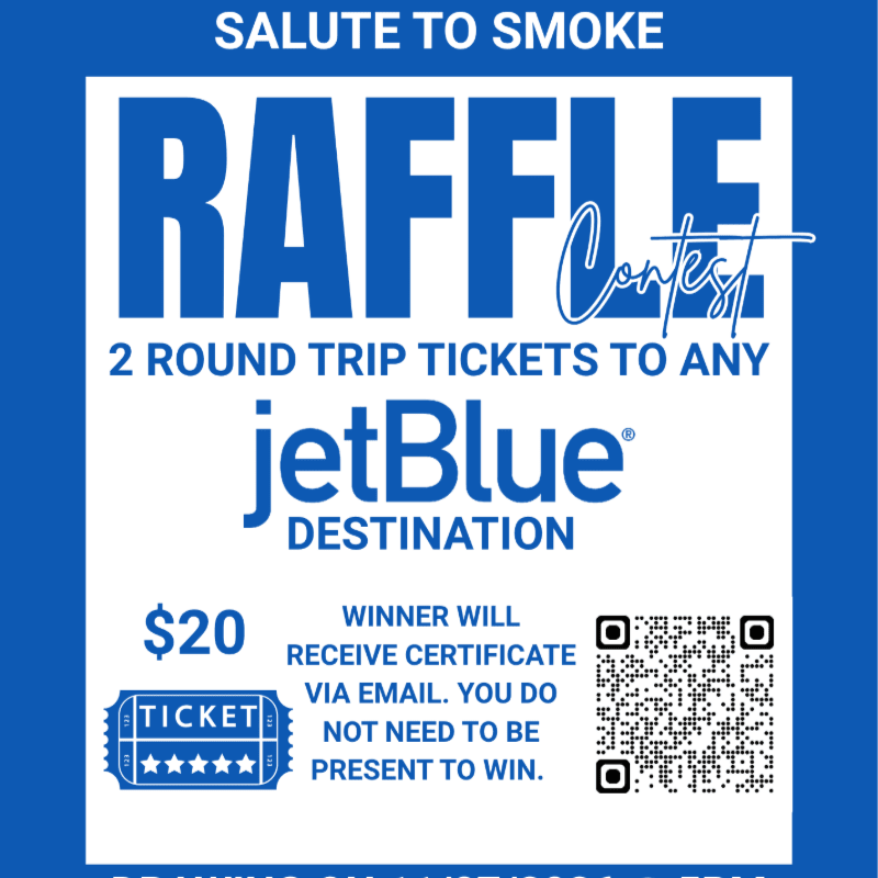 A white raffle flyer for two JetBlue tickets is set against a solid blue background.