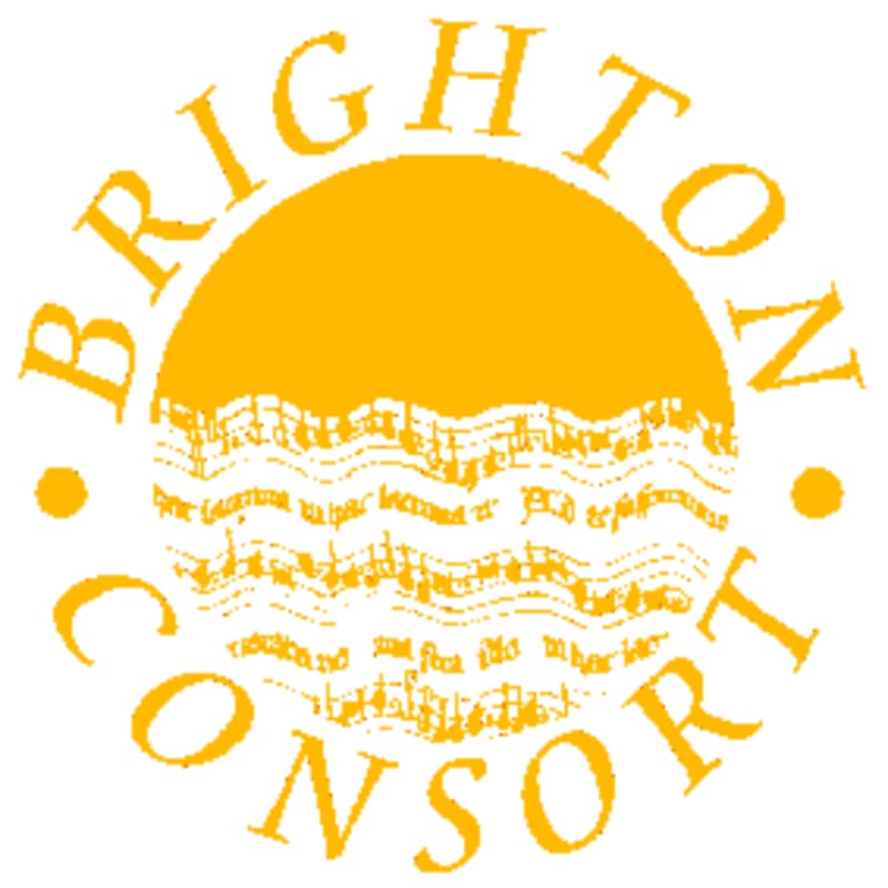 Yellow text reading "BRIGHTON CONSORT" circles a central yellow sun containing musical notation on a white background.