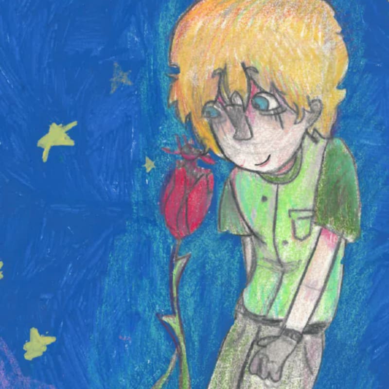 A blonde person in a green shirt stands beside a single red flower against a dark blue starry background.