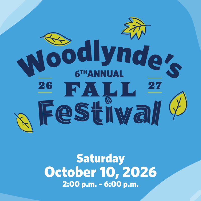 Dark blue and white text announcing Woodlynde's 6th Annual Fall Festival is centered on a light blue background decorated with yellow autumn leaves.
