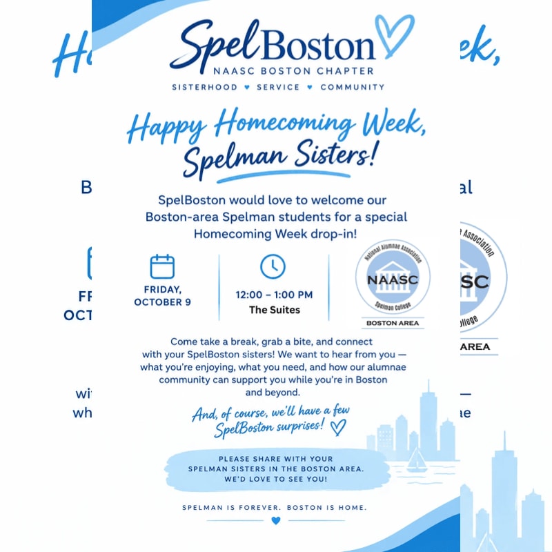 A blue and white event flyer for SpelBoston's Homecoming Week is set against a background featuring a light blue city skyline silhouette.