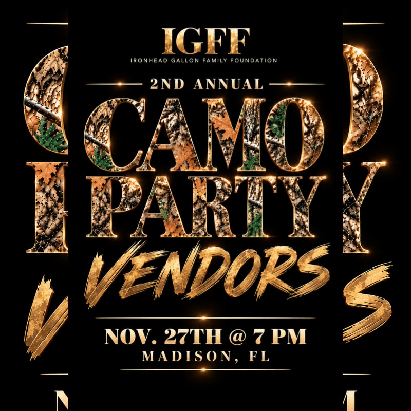 Gold and camouflage textured text announcing the "2nd Annual Camo Party Vendors" event is centered against a solid black background.