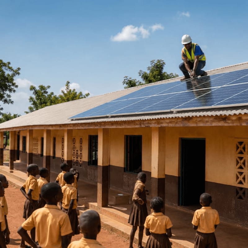 A worker installs solar panels on the roof of a school building while students in yellow uniforms watch from the foreground under a clear blue sky.