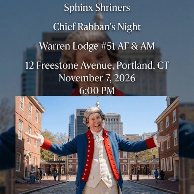 A man in an 18th-century blue and red colonial outfit stands with open arms in a cobblestone street, with brick buildings and modern skyscrapers in the background, all overlaid with event text.