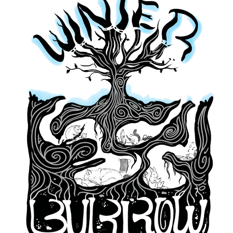 A stylized black and white tree with swirling roots reveals small animals nesting in burrows in the foreground, set against a white background with the words "WINTER BURROW."