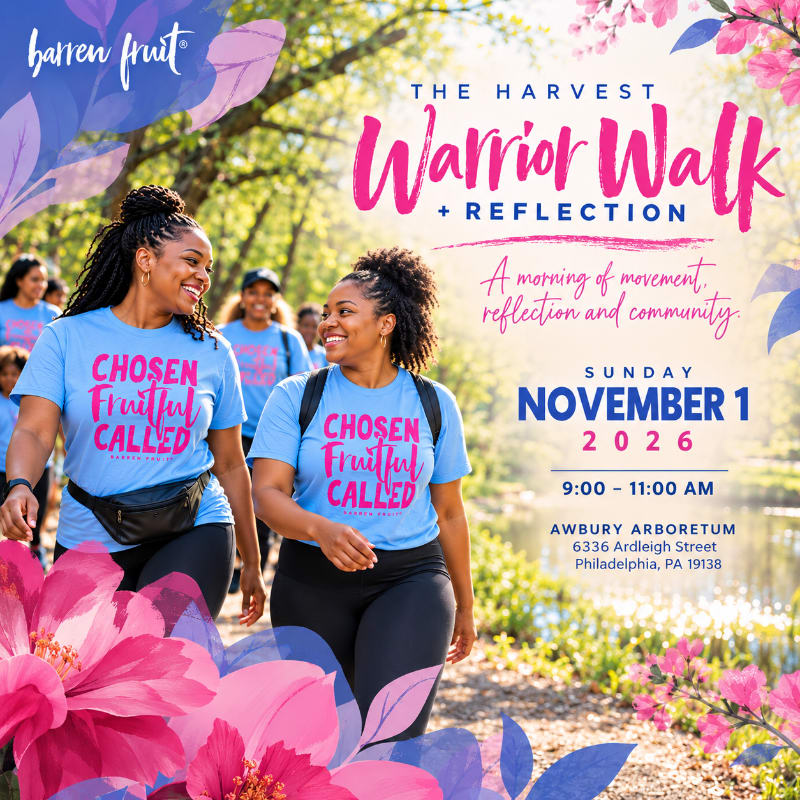 Two women in blue t-shirts walk through a sunny, tree-lined park with pink floral graphics framing the edges.